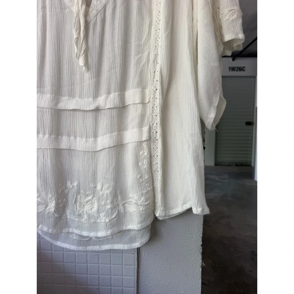 Free People Oversized Peasant Top XS Ivory Strappy Embroidered Boho Bell Sleeve